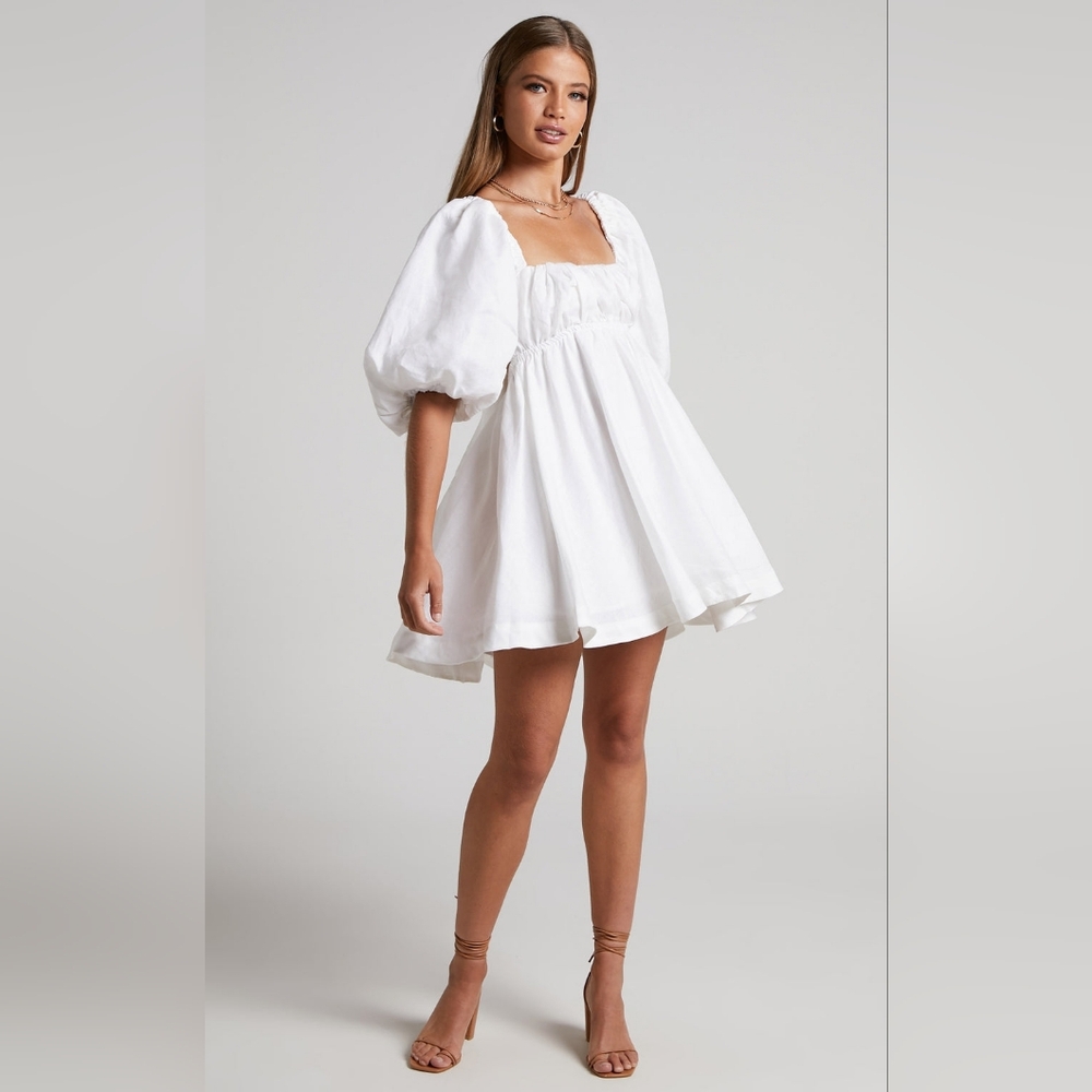 Showpo. Amalie Linen Tie Back Puff Sleeve White Dress, 12 - Picture 3 of 14